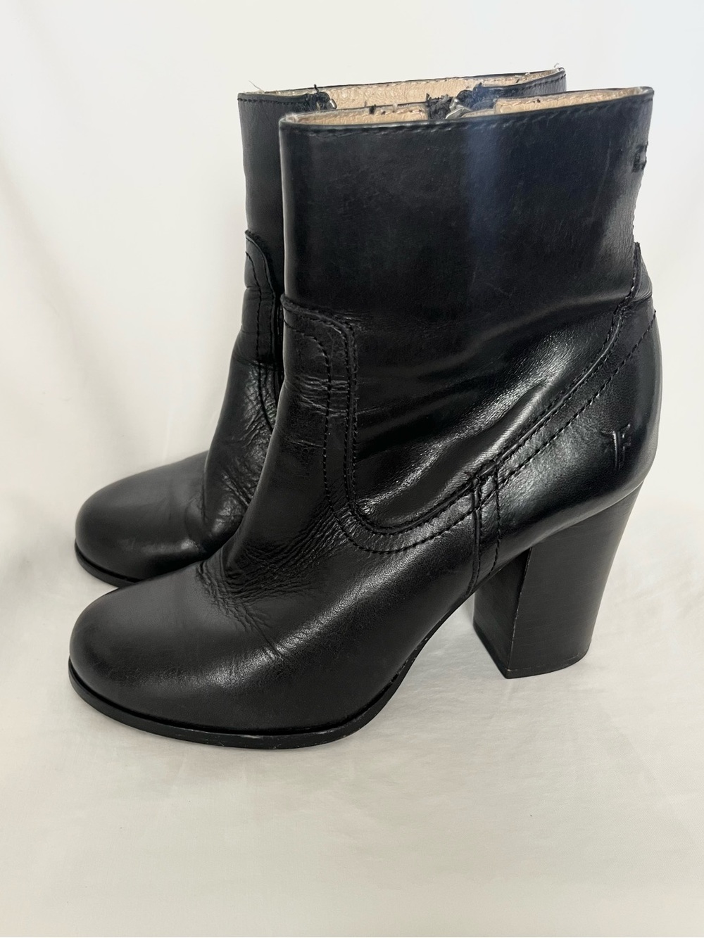 Frye Black Leather Block Heel Ankle Boots